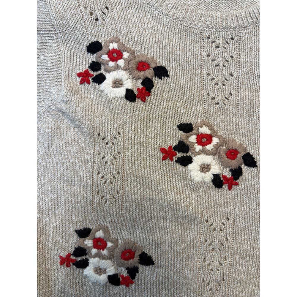 Vtg Alfred Dunner Embroidered Sweater Womens Med Floral Short Sleeve Knit Tan - Picture 5 of 8